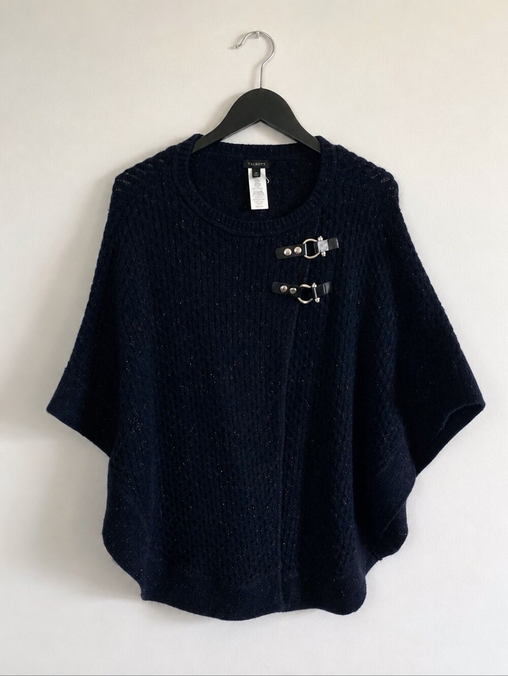 Talbots Blue Knit Poncho Sweater with Buckle Detail